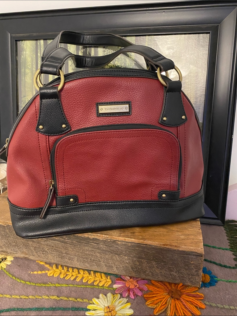 Tignanello Burgundy and Black Dome Satchel Shoulder Bag.